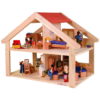 Offenes Spielhaus naturfarbe aus Holtz mit rotem Dach. Möbliert und mit Puppen
