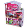 Rosa Puppenhaus aus Holz. Drei Etagen mit Möbel und Puppe.
